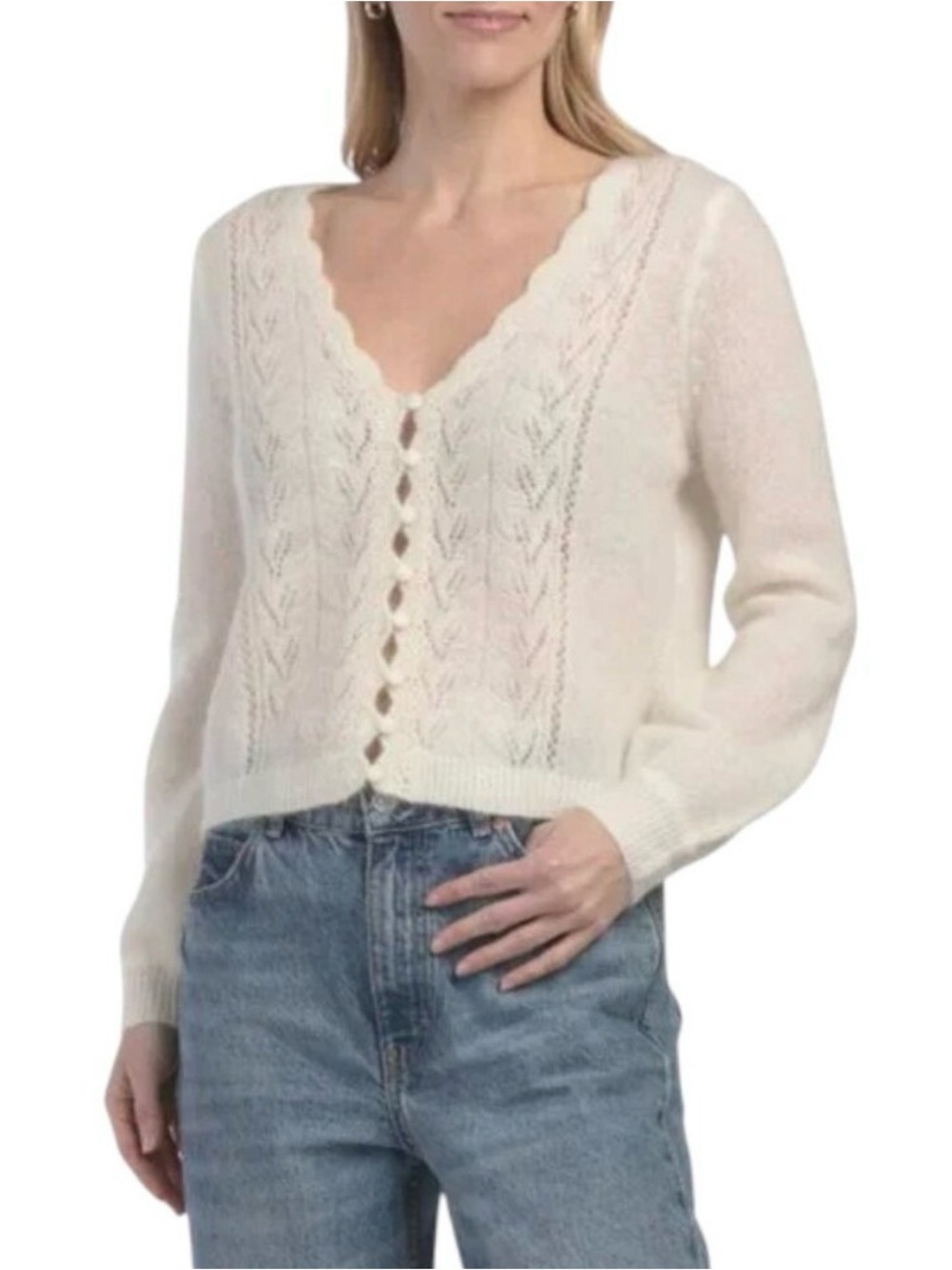 Camila Coelho Cream Scalloped V-Neck Button Knit Cardigan